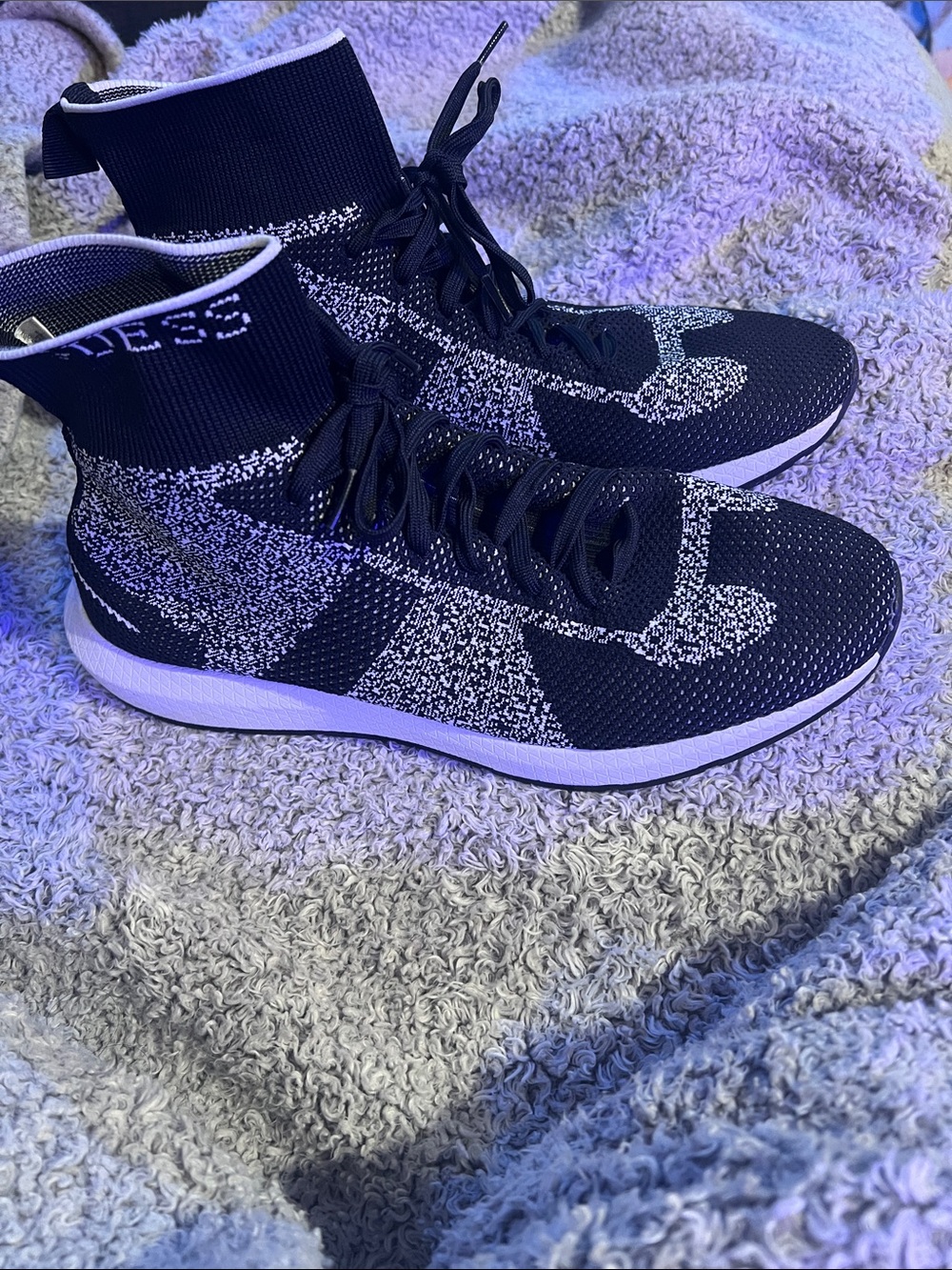 Mens Black & White Knit High-Top Sneakers